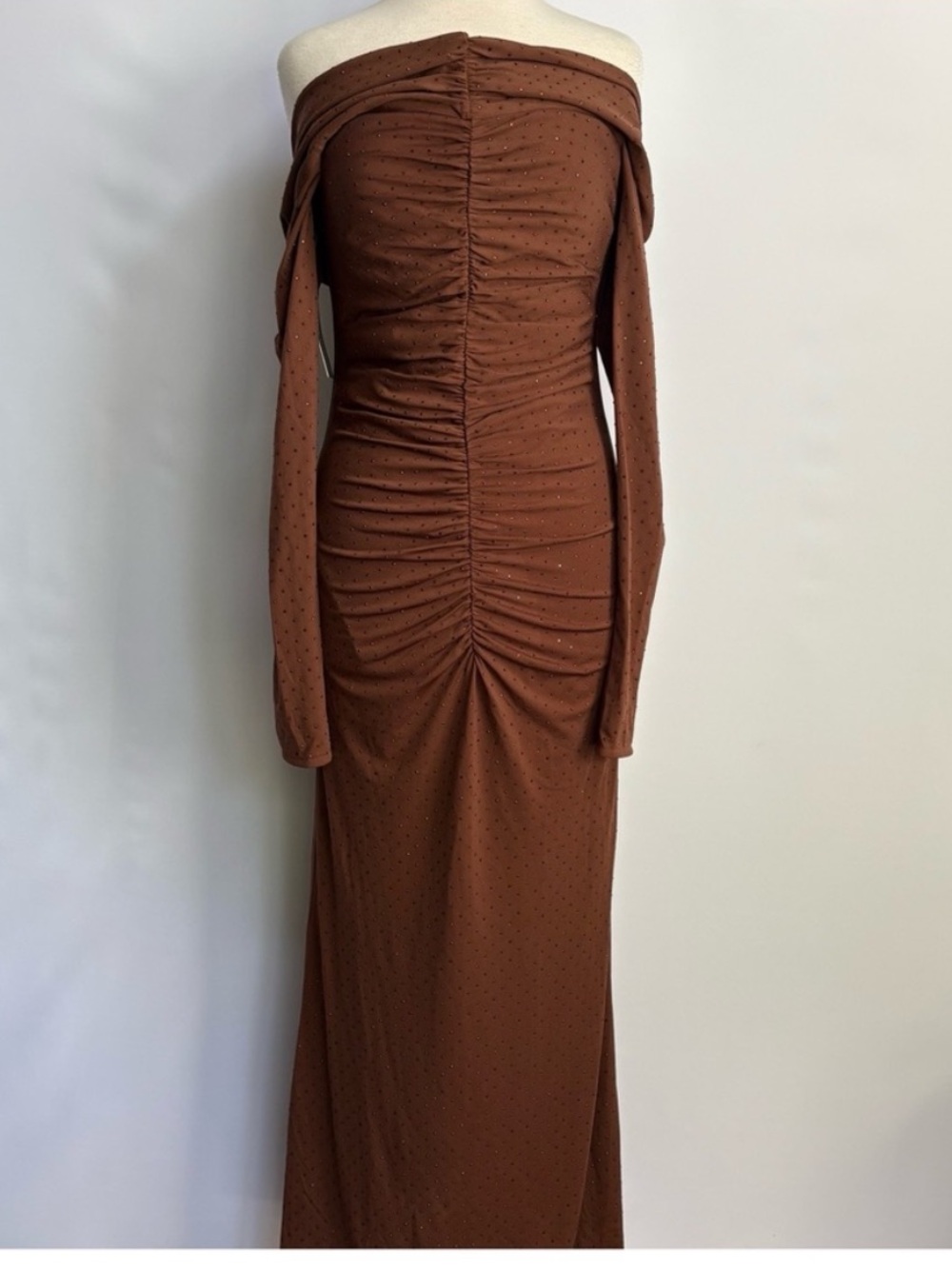 Anthro Bardot Artura Diamante Fitted Off shoulder Ruched Maxi Dress Event Dates - Picture 8 of 15